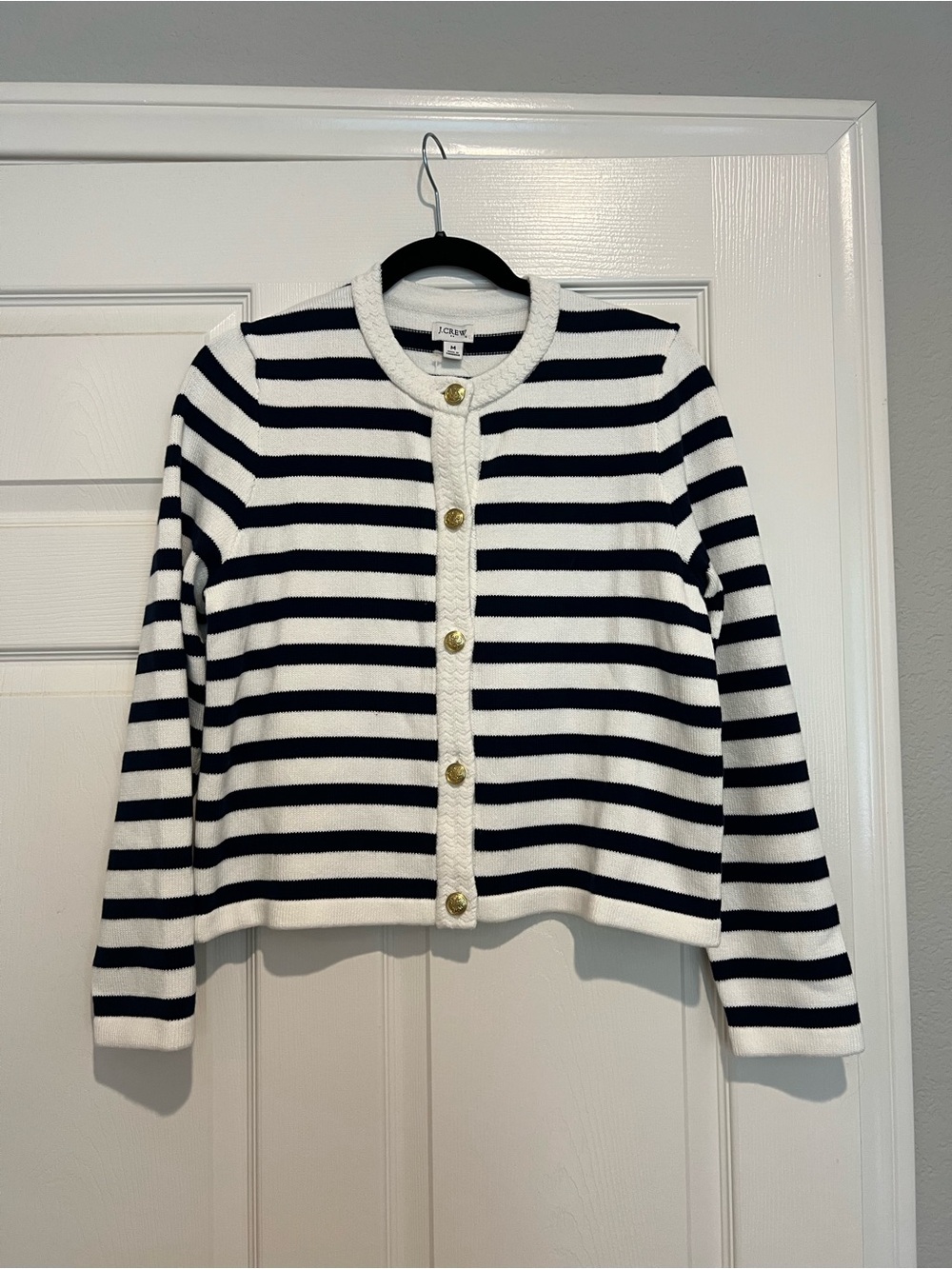 J. Crew Navy and White Striped Knit Cardigan